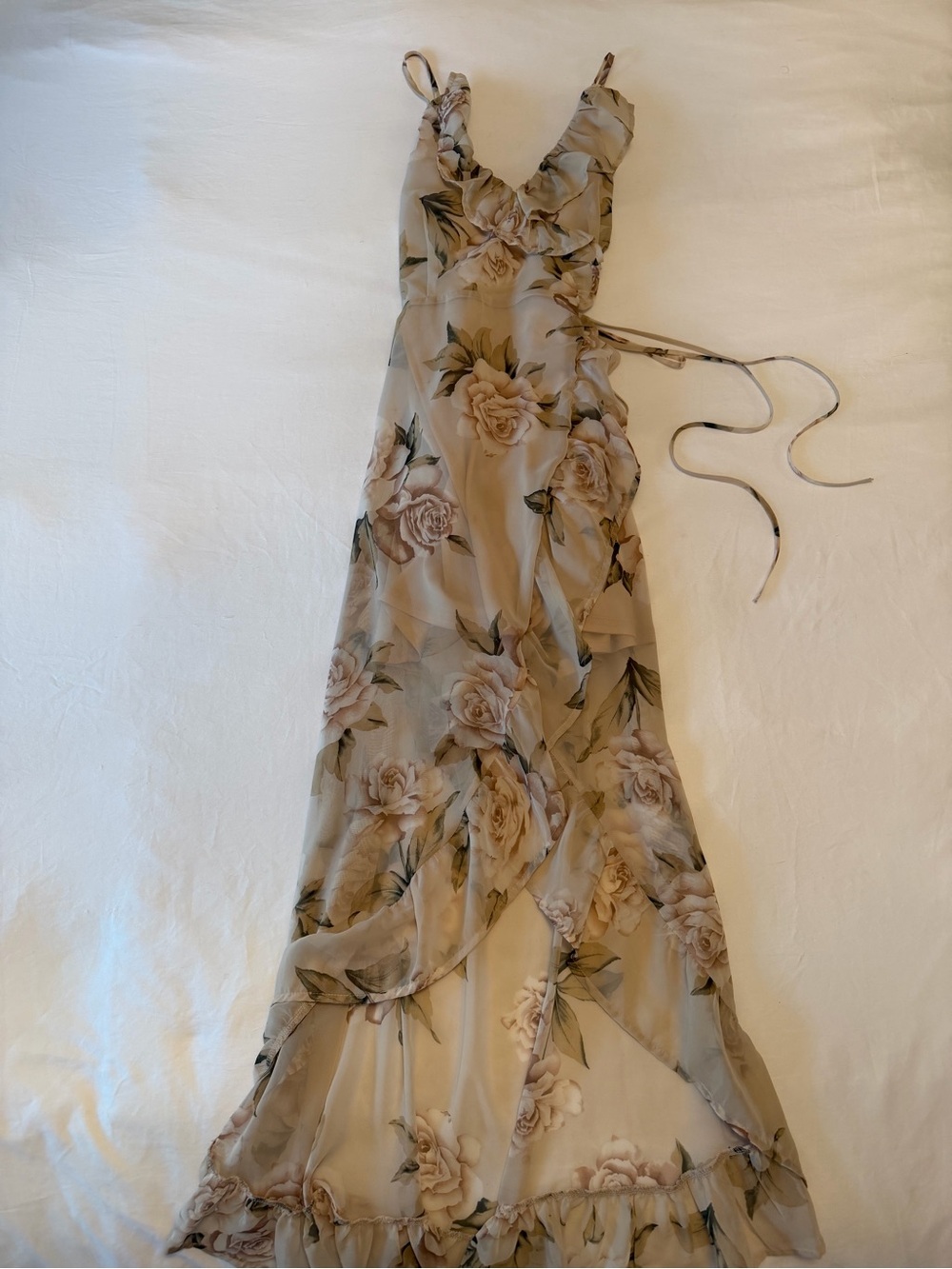 Lovely Day Beige Floral Maxi Dress with Ruffle Trim